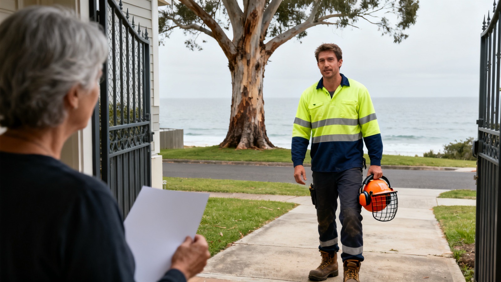 A tree contractor in hi-vis work clothes walking up to a front gate, where the home owner holds a single sheet of paper, a big gum across the road